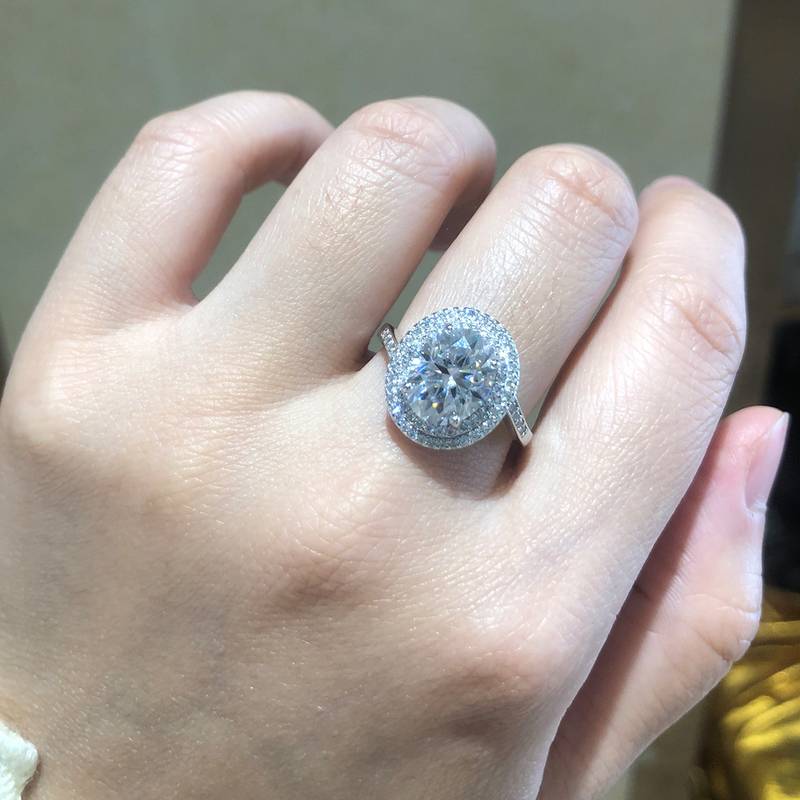 扭臂圆包蛋形钻S925银镀白金Women's Ring定制选款主石Moissanite3.0ct/副石高碳钻